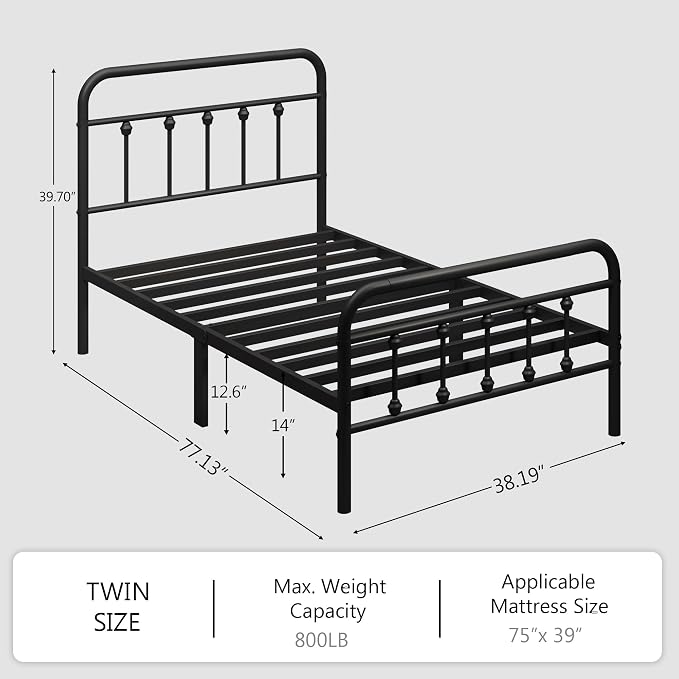 zunatu King Size Metal Bed Frame with Victorian Style Headboard and Footboard, Steel Slat Support Platform Bed, No Box Spring Needed, Under Bed Storage, Easy Assembly, Black