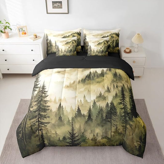 Erosebridal Yellow Misty Forest Full Bedding Set 7 Piece Mountain Foggy Woodland Bed in A Bag with Sheets Rustic Pine Tree Comforter Set for Kids Adults,Watercolor Nature Theme Bed Sets