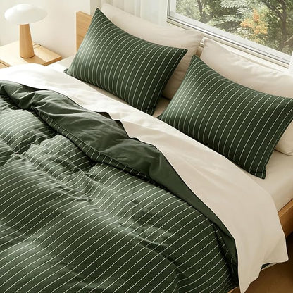 Striped Comforter Set Full Size - 3 Pieces Green White Striped Comforter Bedding Sets Checkered Pattern,Full Bed in a Bag with Stripes Comforter and 2 Pillowcases