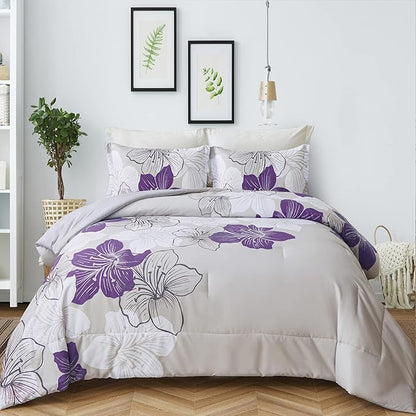 Menghomeus Floral Comforter Set Full Purple Flower Pattern Printed on Grey, Soft Microfiber Bedding Set Lightweight Boho Bed Set for All Season, 3 Piece