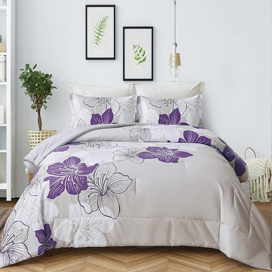 Menghomeus Floral Comforter Set Full Purple Flower Pattern Printed on Grey, Soft Microfiber Bedding Set Lightweight Boho Bed Set for All Season, 3 Piece