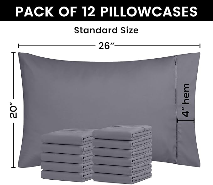 Utopia Bedding Standard Pillow Cases - 12 Pack - Envelope Closure - Soft Brushed Microfiber Fabric - Shrinkage and Fade Resistant Pillow Covers Standard Size 20 X 26 Inches (Standard, Grey)