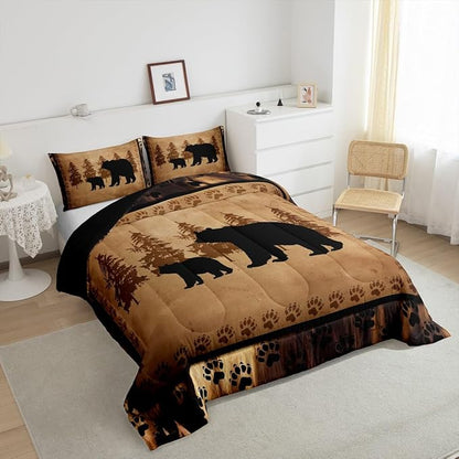 Farmhouse Wild Animal Comforter Set - Twin Size Retro Bear Family Bedding - Brown Bear Paws Duvet Set - 2Pcs