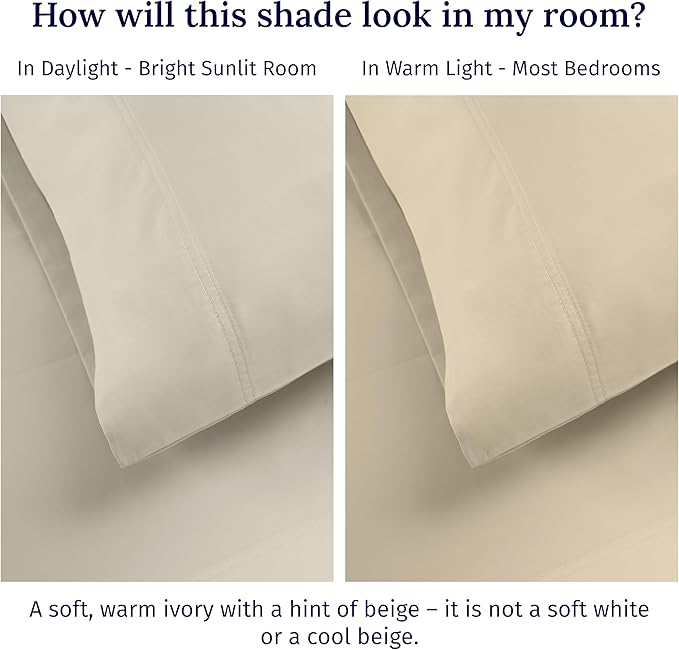 Luxuriously Soft Premium 600 Thread Count, 100% Cotton Set of 2 Cases, Crisp Pillowcases Queen Size Set of 2 Fits Standard & Queen Pillows - Ivory (Warm Cream)