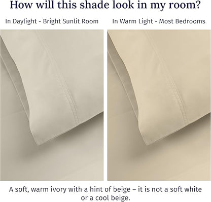 Luxuriously Soft Premium 600 Thread Count, 100% Cotton Set of 2 Cases, Crisp Pillowcases Queen Size Set of 2 Fits Standard & Queen Pillows - Ivory (Warm Cream)