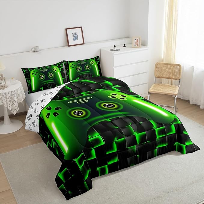 Erosebridal Full Size Game Console Comforter Set for Boys Girls Kids Gamer Bedding,3D Gaming Geometric Check Lightweight Soft Bedding Sets,Neon Green Gamepad Bed Comforter,Black