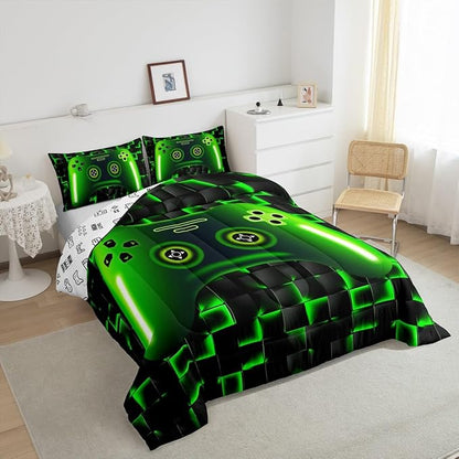 Erosebridal Full Size Game Console Comforter Set for Boys Girls Kids Gamer Bedding,3D Gaming Geometric Check Lightweight Soft Bedding Sets,Neon Green Gamepad Bed Comforter,Black