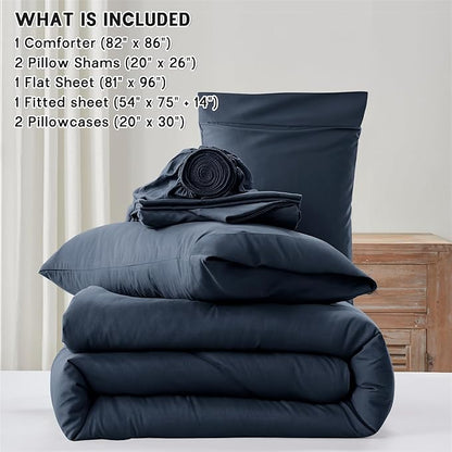 Anluoer Navy Blue Full Comforter Set 7 Pieces, Bed in a Bag with Sheets, All Season Bedding Sets with 1 Comforter, 2 Pillow Shams, 2 Pillowcases, 1 Flat Sheet, 1 Fitted Sheet