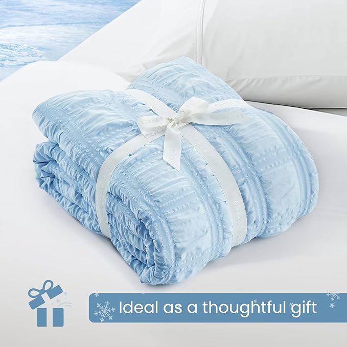 Cozy Bliss Cooling Comforter Seersucker Plaid Queen Size, Q-Max 0.45 Lightweight Cooling Blanket, Breathable Silk Smooth Summer Bedding Quilt for Hot Sleepers Night Sweats Blue