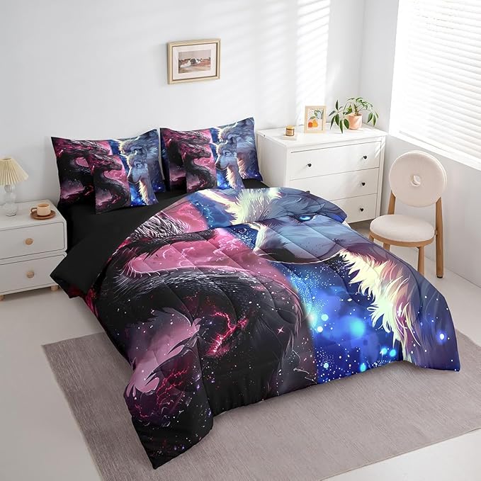 Castle Fairy Western Dragon and Wolf Comforter Set 7 Pieces King Size,Magical Animal Bedding Set for Kids,Glittering Starry Sky (Comforter+Fitted+Flat Sheet+2 Pillowcases+2 Throw Pillow Covers)