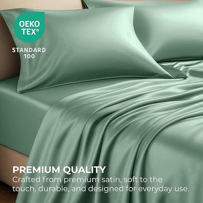 Pure Bedding Satin Sheets Twin [3-Piece, Champagne Green] Hotel Luxury Silky Bed Sheets - Extra Soft 1800 Microfiber Sheet Set, Wrinkle, Fade, Deep Pocket Fitted Sheet, Flat Sheet, Pillow Cases