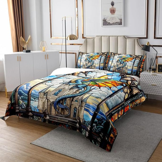 Western Dragon Kids Bedspread Queen Size,Tale Castle Cloud Glass Dragon Coverlet Set,Boys Girls Room Decor,Geometric Patchwork Natural View Quilted Coverlet,Blue Retro Bedding Quilt,2 Pillowcases