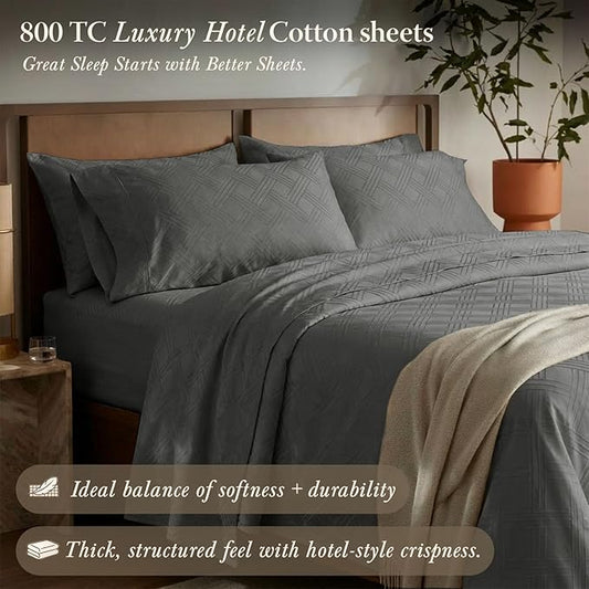 Threadmill Luxury 100% Cotton Queen Bed-Sheets - 800 Thread Count Jacquard Celine Dark Grey, Better Than Egyptian Cotton,4 Pc Striped Bed Set, Damask Sheets with Elasticized Deep Pocket