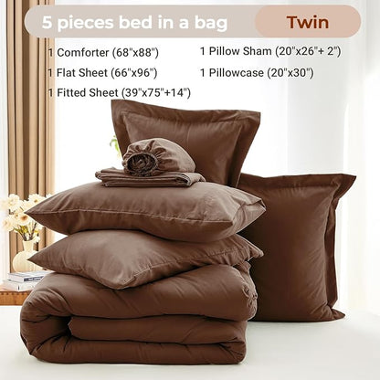 MUXHOMO 5 Pieces Twin Comforter Set, Soft Bed in a Bag Twin Size, All Season Bedding Set with Comforter, Flat Sheet, Fitted Sheet, Pillowcases & Shams, Brown