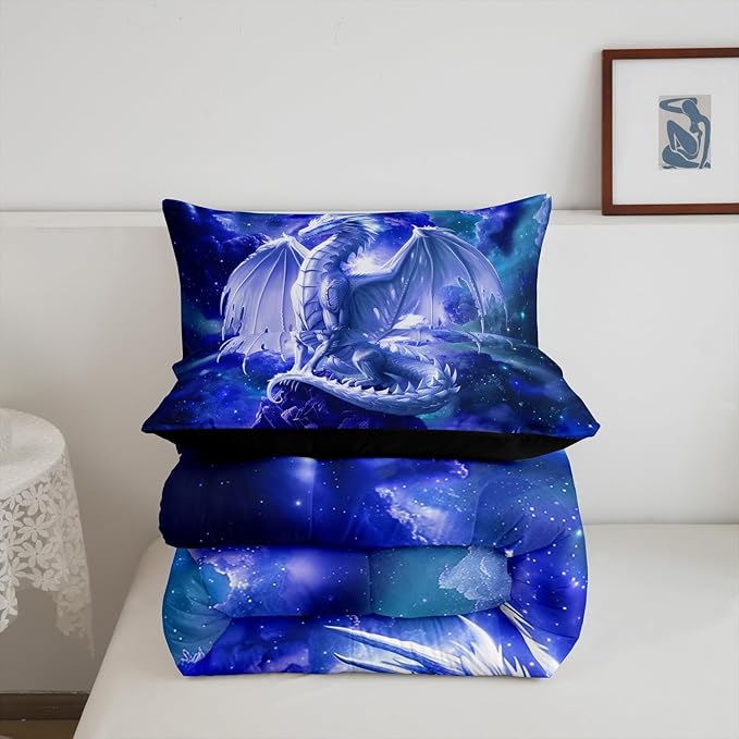 Western Magical Dragon Comforter Set Twin Size,Starry Sky Glitter Bedding Set for Kids Boys Girls Room Decor,Galaxy Nebula Wildlife Quilt Set 2Pcs,Nature Animal Blue Duvet Insert,1 Pillowcase