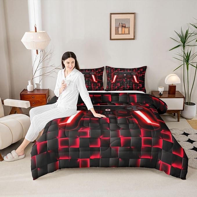 Erosebridal Gamer King Bedding Sets for Boys Geometric Gaming Kids Comforter Red and Black Checkered Gamepad Comforter Set for Teen Men,Video Game Bed Set Neon Lights Game Controller for Boys Room