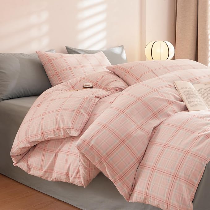 EAVD Pink Gingham Comforter Set King Soft Fluffy Pink Plaid Comforter Set 3 Pieces Modern Grid Checkered Pattern Bedding Set for All-Season Farmhouse Gingham Bedding Set for Boy Women Men