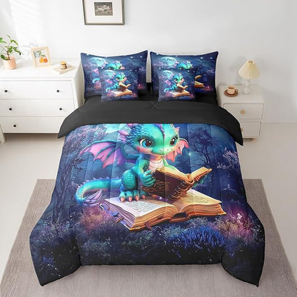 Castle Fairy Cartoon Dragon Bedding Set,Mysterious Jungle Moon Night Twin Comforter Set with Sheets for Kids Boys Girls Teens Room Decor,Western Animal Bed in a Bag 7 Piece for Bedroom Living Room