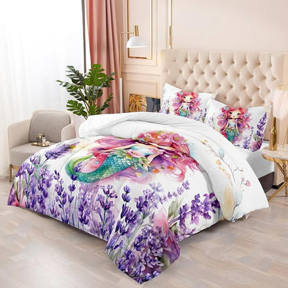 Lavender Mermaid Comforter Set for Teens Girls,Kawaii Violet 3 Pieces Bedding Set Twin,Lightweight Microfiber Violet Flowers Down Alternative Bed Set Comforter with 2 Pillowcase
