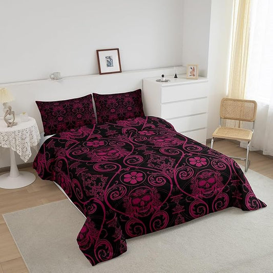 Feelyou Adults Pink Vintage Damask Floral Comforter Set Oriental Antique Comforter Full Size Exotic Sugar Skull Rose Bedding Set Gothic Bohemia Boho Duvet Set Quilt Set 3Pcs