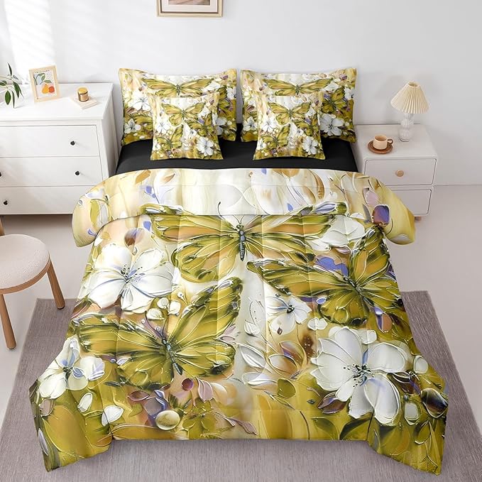 Floral Butterfly 7 Piece Bed In A Bag King,White Flowers Oil Painting Boho Bedding Set With Sheets Retro Aesthetics Yellow Butterfly Comforter Set For Girls Teen Women,Bohemian Animal Bed Set
