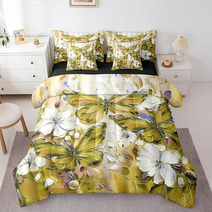 Floral Butterfly 7 Piece Bed In A Bag Twin,White Flowers Oil Painting Boho Bedding Set With Sheets Retro Aesthetics Yellow Butterfly Comforter Set For Girls Teen Women,Bohemian Animal Bed Set