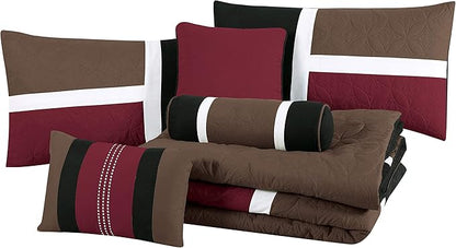 Chezmoi Collection Upland 7-Piece Quilted Patchwork Comforter Set, Burgundy/Black/Brown, Full