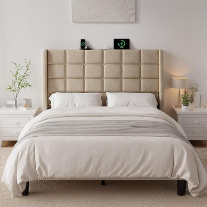 Ergonomic Upholstered Full Size Headboard w/Charging Station, Linen Wingback Headboards w/Storage Pocket, Full Headboard Only, Bed Frame Adapters, Sturdy Solid Wood Bed Head Board, Beige