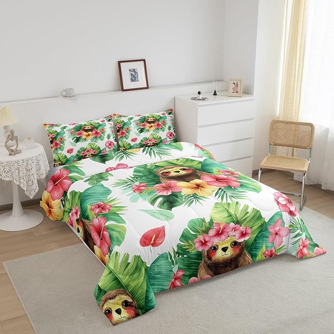 Erosebridal Cartoon Sloth Comforter Set Kawaii Sloth Bedding Palm Leaf Cherry Blossom Monstera Quilt Hawaiian Tropical Leaf Animal Duvet Insert for Kids Boys Girls, 3Pcs Full Size