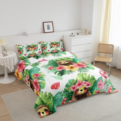 Erosebridal Cartoon Sloth Comforter Set Kawaii Sloth Bedding Palm Leaf Cherry Blossom Monstera Quilt Hawaiian Tropical Leaf Animal Duvet Insert for Kids Boys Girls, 3Pcs Full Size