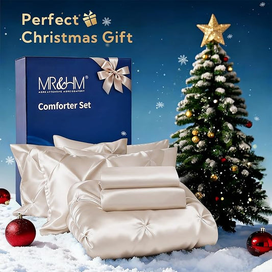 MR&HM Satin Comforter California King 7 Pieces Beige - Luxurious Pinch Pleat Bedding Set with Comforter, Flat Sheet, Fitted Sheet, Pillowcases & Shams, Super Silky Soft Bed Set for All Season