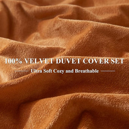 Ivellow Velvet Duvet Cover King Set Burnt Orange Velvet Duvet Cover King Comforter Cover 3Pcs Ultra Soft Duvet Cover Breathable Solid Luxury Flannel Velour Duvet Cover Zipper Closure Corner Tie