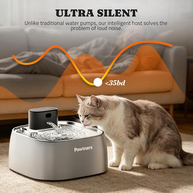 Pawtners Pumpless Cat Water Fountain Stainless Steel 108oz/3.2L, 3 Modes | Automatic Cordless Pet Water Dispenser,Easy Clean,Silent Smart Host,150°Sensor,Motion/Timed/Continuous Mode