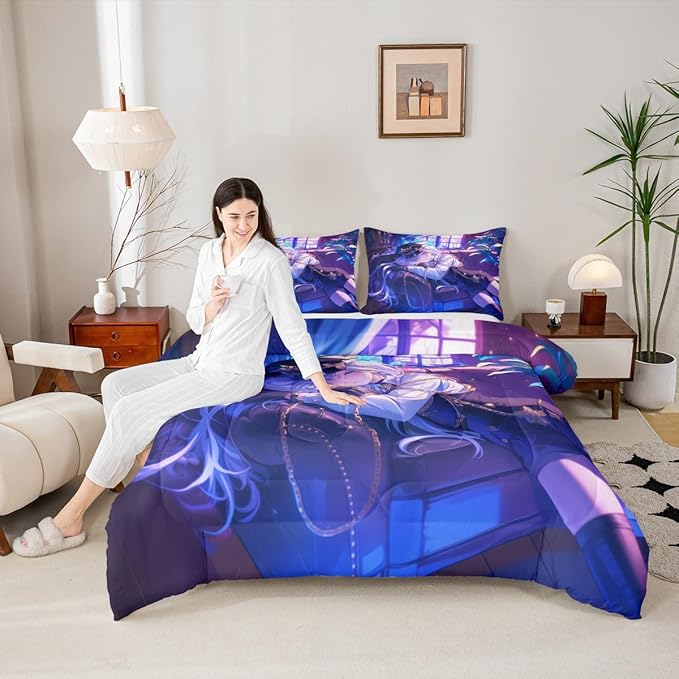 Erosebridal Japanese Anime Comforter Set,Cartoon Uniform Girls Bedding for Boys Teen Bedroom Decoration Cute Japanese Cartoon Full Size Duvet Set, Anime Aesthetic Art Quilt with 2 Pillowcases