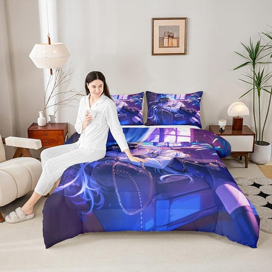 Erosebridal Japanese Anime Comforter Set,Cartoon Uniform Girls Bedding for Boys Teen Bedroom Decoration Cute Japanese Cartoon Queen Size Duvet Set, Anime Aesthetic Art Quilt with 2 Pillowcases
