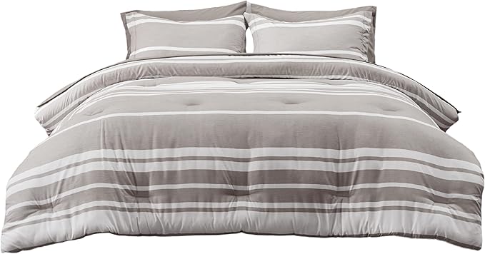 Bedsure California King Comforter Set 7 Pieces, Taupe Striped Bedding Set for All Seasons, Reversible, Cationic Dyeing Bed in a Bag with Comforter, Sheets, Pillowcases & Shams
