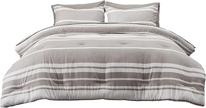 Bedsure Full Comforter Set 7 Pieces, Taupe Striped Bedding Set for All Seasons, Reversible, Cationic Dyeing Bed in a Bag with Comforter, Sheets, Pillowcases & Shams