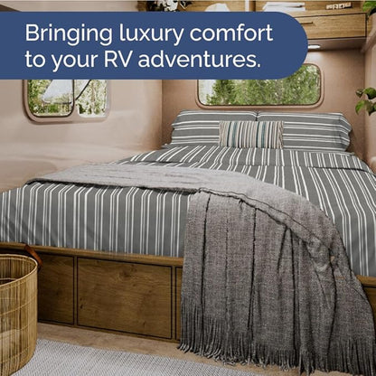 Short Queen Size 4 Piece Sheet Set - RV Short Queen, Soft, Breathable & Cooling Bed Sheets Set w/ Deep Pockets - Hotel Luxury Bedding for Women, Men, Kids, Teens, Boys & Girls, Oeko-Tex - Grey Stripes