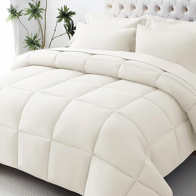 JOLLYVOGUE Queen Comforter Set, Ultra-Soft Bed in a Bag Queen Size 7 Pieces, Oeko-TEX Certified Bedding Set with Down Alternative Comforter, Sheets, Pillowcases & Shams, Ivory