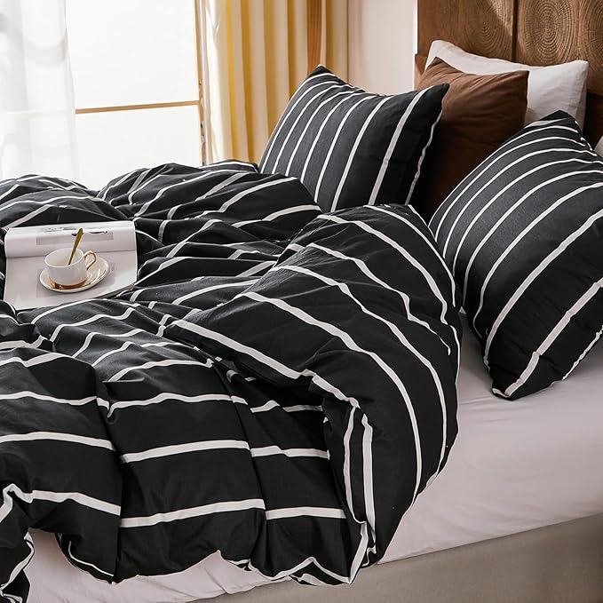 Merryword Black and White Striped Duvet Cover Set King Size - 100% Cotton Bedding Set 3 Pieces, Soft Breathable Comforter Cover with Pillowcases, Minimalist Chic Aesthetic Bedding Set for All Seasons