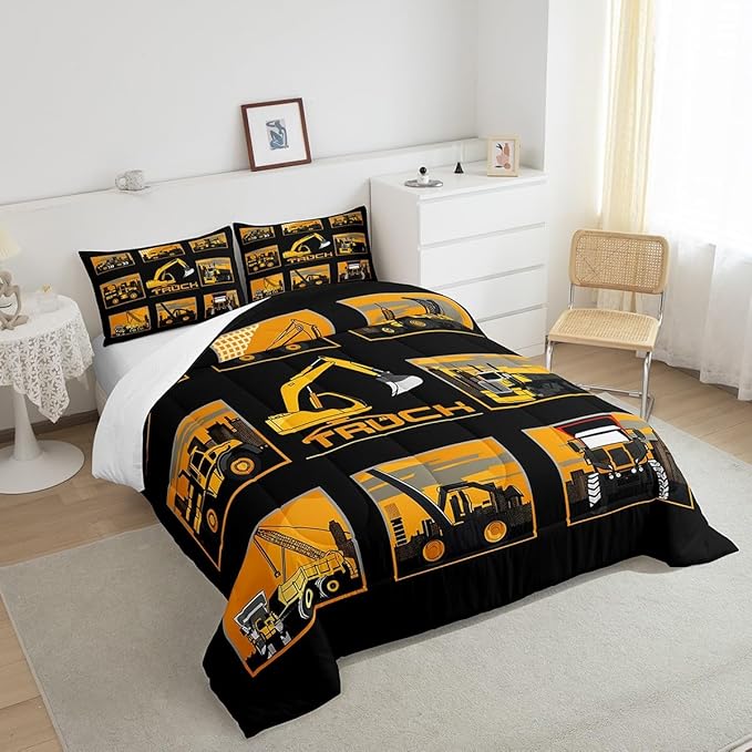 Erosebridal Excavator Comforter Set King Tractor Truck Bedding Set Construction Vehicle Down Comforter for Boys Kids Girls Teens Cartoon Heavy Machinery Car Bedding Sets & Collections, Gray Yellow