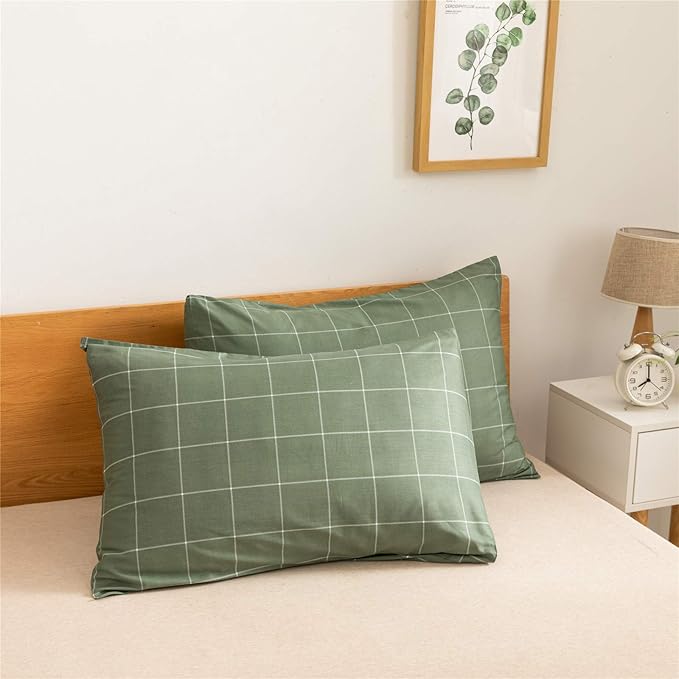 JELLYMONI 100% Natural Cotton 3pcs Plaid Duvet Cover Sets,Green with White Grid Geometric Pattern Printed Comforter Cover,with Zipper Closure & Corner Ties(Queen Size)