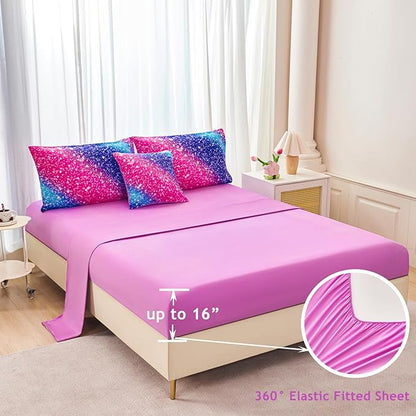 RYNGHIPY Rainbow Bed in A Bag Queen Size Girly Pink Purple Blue Gradient Galaxy Print Comforter Set with Sheets Pillowcases