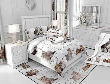 3D Cats Print Bedding Set Cute Pet Theme Duvet Cover Set Lovely Kittens Kids Comforter Cover Set Cartoon Animal Bedspread Cover Bedroom Quilt Cover 3Pcs King with 2 Pillowcase,No Comforter