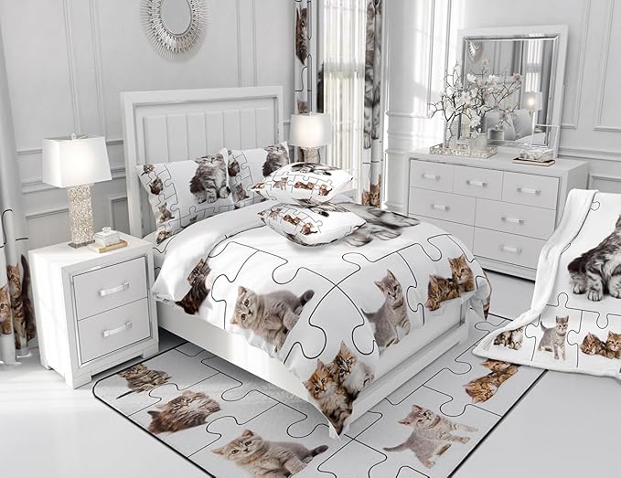 3D Cats Print Bedding Set Cute Pet Theme Duvet Cover Set Lovely Kittens Kids Comforter Cover Set Cartoon Animal Bedspread Cover Bedroom Quilt Cover 3Pcs Queen with 2 Pillowcase,No Comforter