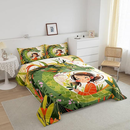 Dragon Bedding Set,Nature Botanical Floral Leaves Comforetr Set Queen Size Kids Boys Girls,Green Pink Western Magical Quilt Set Room Decor Wild Animals Cartonn Cute Style Duvet Insert,2 Pillowcases