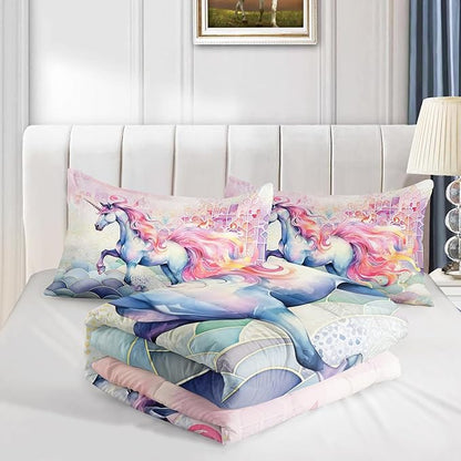Pink Fantasy Unicorn Comforter Set Full Rainbow Scales Unicorn 3pcs Bedding Set for Girls Boys Kids Cartoon Down Alternative Soft Lightweight Comforter with 2 Pillowcases All Season