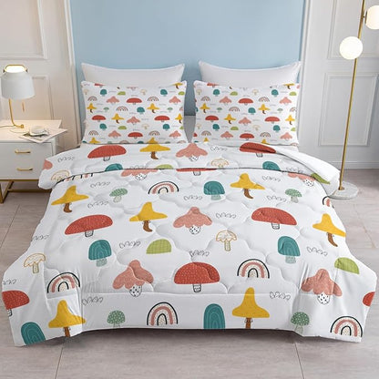 SOULZZZ Girls Rainbow Mushroom Comforter Colorful Trippy Cartoon Mushroom Bed Set Twin Size for Kids Boys Teens Wild Garden Plant Rainbow Kawaii Bedding Set with 2 Pillowcases