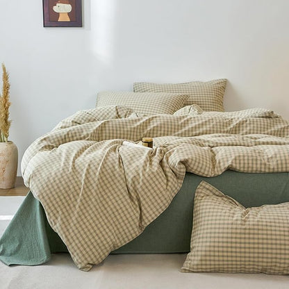 Green Gingham XL Twin Duvet Cover Washed Cotton Plaid Twin XL Comforter Cover Sage Green Boho Pattern Zipper Duvet Cover Set with 2 Pillow Cases Cute Checkered Bedding Vintage Duvet Protector