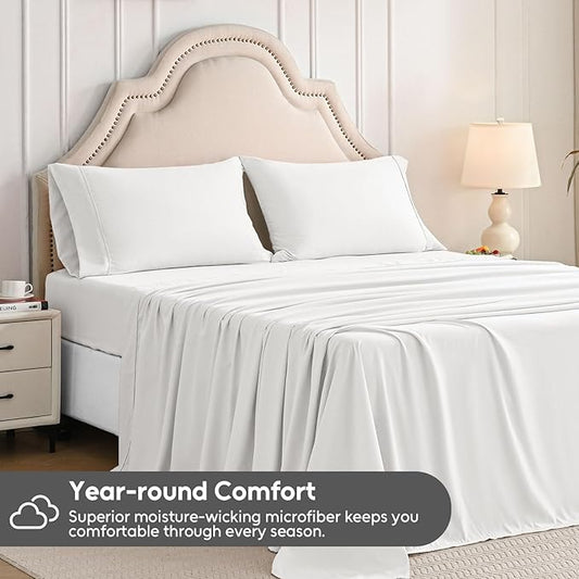 King Size Sheets Set, 4 Pieces Hotel Luxury Soft Microfiber Bed Sheets Set, Up to 16" Deep Pockets, Oeko-Tex Sheets with Elastic, Breathable, Wrinkle Free(White,King)